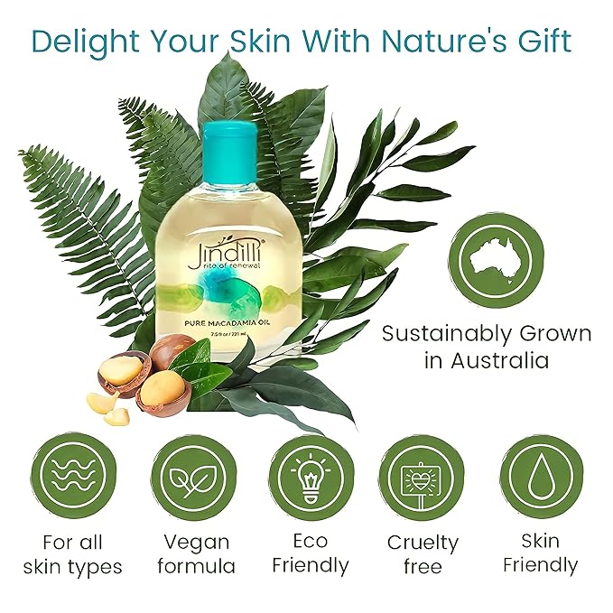 Jindilli - Pure Macadamia Oil | Cold-Pressed, Filtered, All-Natural, Vegan, Non-GMO, Hexane-Free, Cruelty-Free - Multipurpose Moisturizer (7.5 oz)
