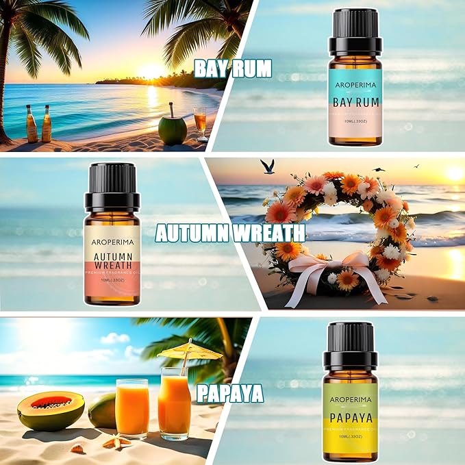 AROPERIMA Beach Fragrance Essential Oil Set - Ocean Breeze, Bay Rum, Pineapple, Autumn Wreath, Mango, Papaya 6x10ML Essential Oil for Diffusers, Soap Making and Candle