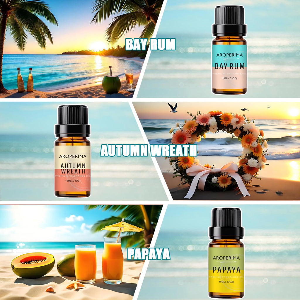 AROPERIMA Beach Fragrance Essential Oil Set - Ocean Breeze, Bay Rum, Pineapple, Autumn Wreath, Mango, Papaya 6x10ML Essential Oil for Diffusers, Soap Making and Candle