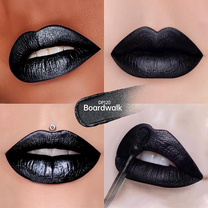 Depuplum Black Lipsticks for Women Metallic Glitter Lipstick Long Lasting