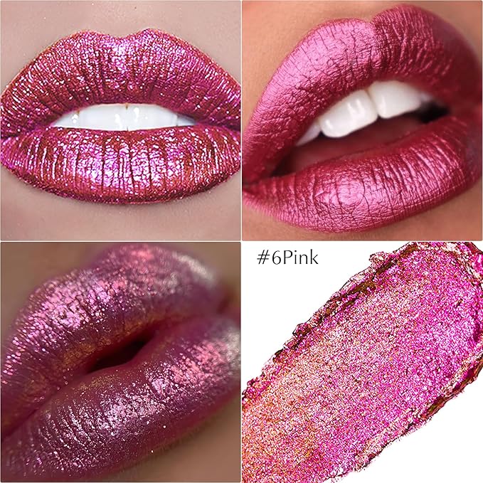 Wugbc Hot Pink Glitter Lipstick with Metallic Finish, Holographic Shimmer Lip Stick Long Lasting Lightweight Hydrating Lip Tinted Non-Sticky Full Coverage Sparkling Lipstick for Women