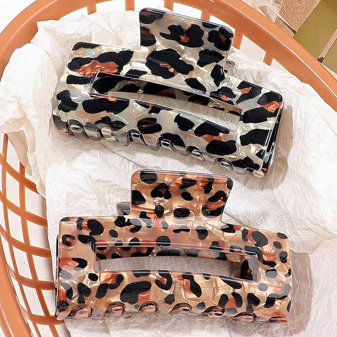 Textention Tortoise Hair Claw Clips, 3 Inch Non-Slip Acrylic Banana Barrettes Jaw Clips, Leopard Print Strong Hold Stylish Hair Accessories for Women Ladies Thin Thick Hair (2pcs)