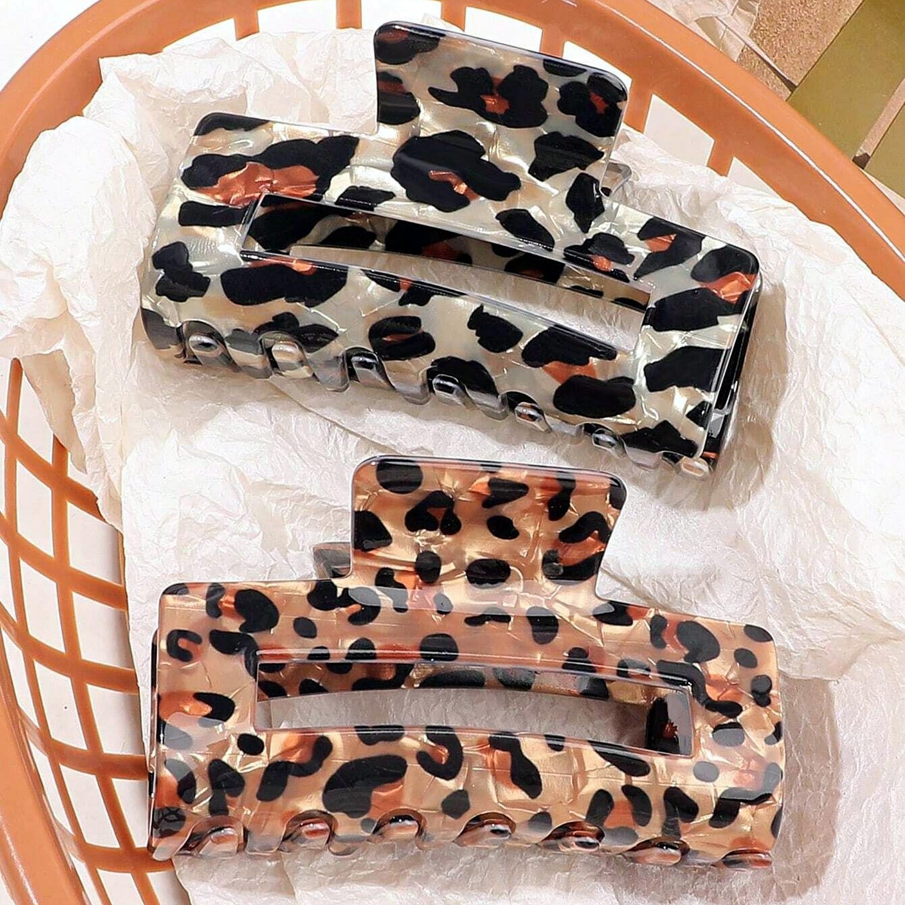Textention Tortoise Hair Claw Clips, 3 Inch Non-Slip Acrylic Banana Barrettes Jaw Clips, Leopard Print Strong Hold Stylish Hair Accessories for Women Ladies Thin Thick Hair (2pcs)