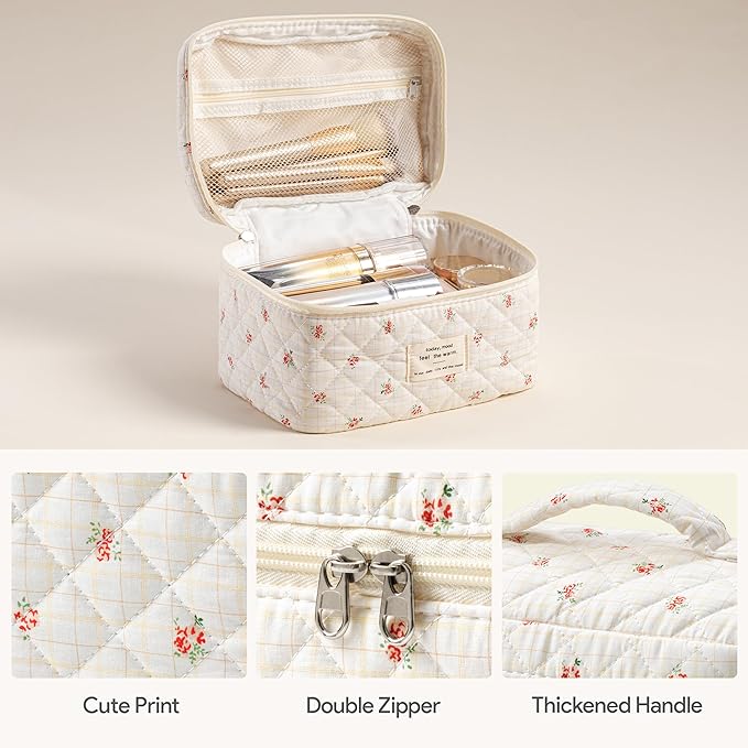 HBselect Quilted Makeup Bag, 3Pcs Cotton Large Travel Makeup Bags Organizer