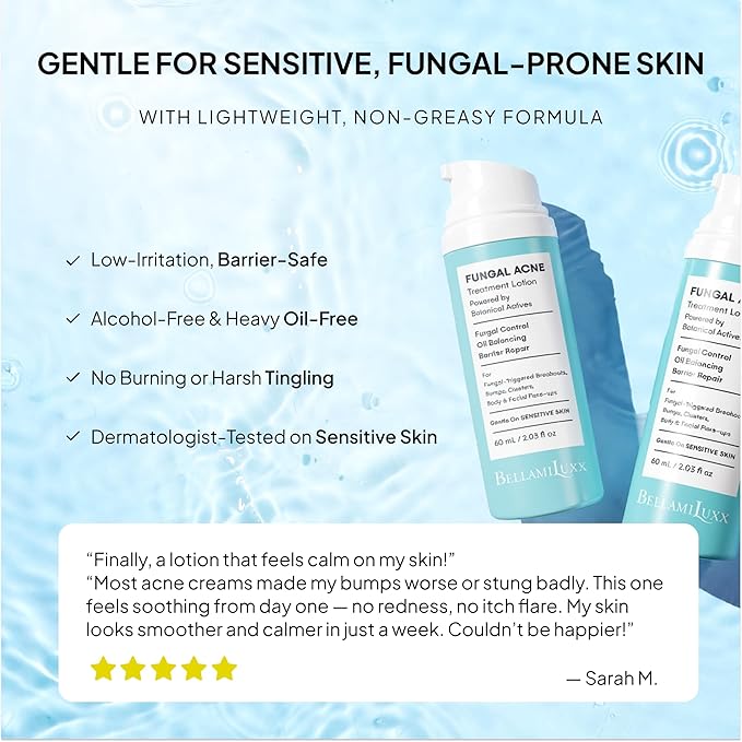BellamiLuxx Fungal Acne Treatment Lotion: Effective Face & Body Pimple Cream for Bumps, Clusters, Itch & Redness – Fungal-Prone Skin Acne Treatment Moisturizer for Teens & Adults with Natural Actives