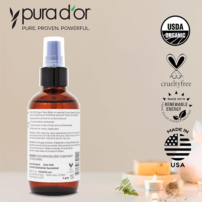 PURA D'OR 4 Oz ORGANIC Rose Water Toner - USDA Certified 100% Pure Full Skin Hydration, Control Excess Oils- Cleanses & Softens - Promotes Healthy Skin - For All Skin Types, Ayurvedic Skin Care