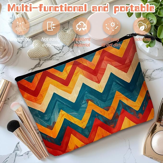 Scribesense Cosmetic Bags Travel Makeup Toilet Case Waterproof Pouch for Women Girls 6.7X9.45inches - Zigzag Pattern in Warm And Cool Tones