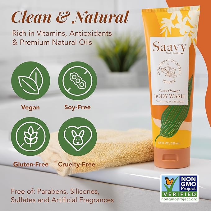 Saavy Naturals Moisturizing Body Wash for Sensitive Skin – Plant-Based & Pure with Coconut Oil, Shea Butter & Aloe Vera – Paraben-Free, Cruelty-Free – Sweet Orange – 8.5 fl oz, 2 pack