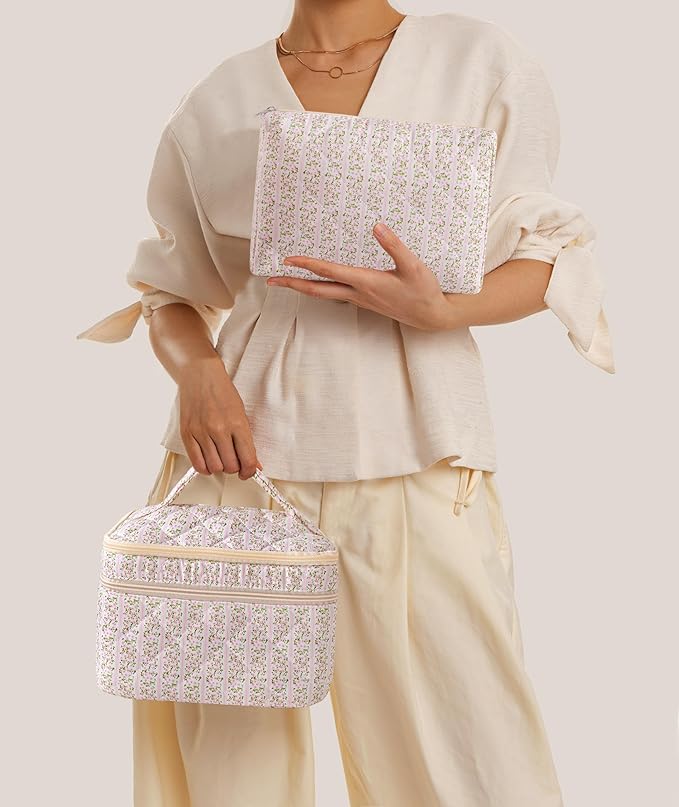 HBselect 2Pcs Travel Makeup Bag Large Quilted Cosmetic Bag Make up Bag