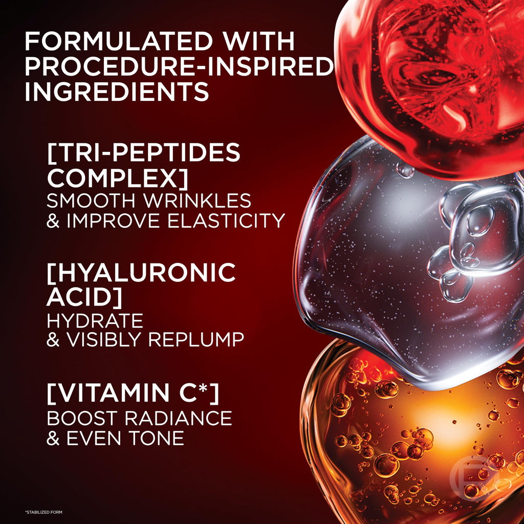 L'Oreal Paris Revitalift Triple Power Face Serum with Tri-Peptides, Hyaluronic Acid and Vitamin C, Anti Aging, Anti Wrinkle Serum to Firm and Brighten, 1 FL oz, + Sample