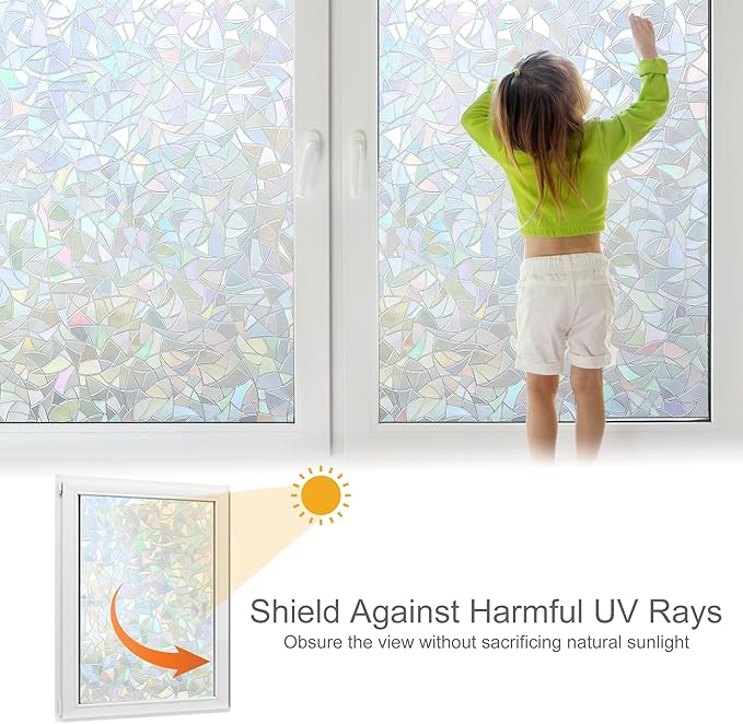 Volcanics Rainbow Window Privacy Film with Installation Tools, Decorative Stained Glass Window Film, Static Window Clings, Heat Control Window Tinting Film Stickers, Grayish Silver, 35.4 x 78.7 inches