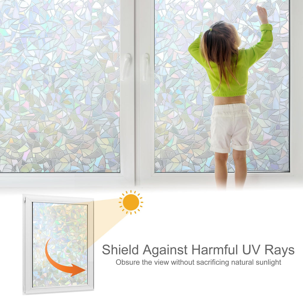 Volcanics Rainbow Window Privacy Film with Installation Tools, Decorative Stained Glass Window Film, Static Cling Heat Control Window Tinting Film Stickers, Grayish Silver, 17.5 x 78.7 inches