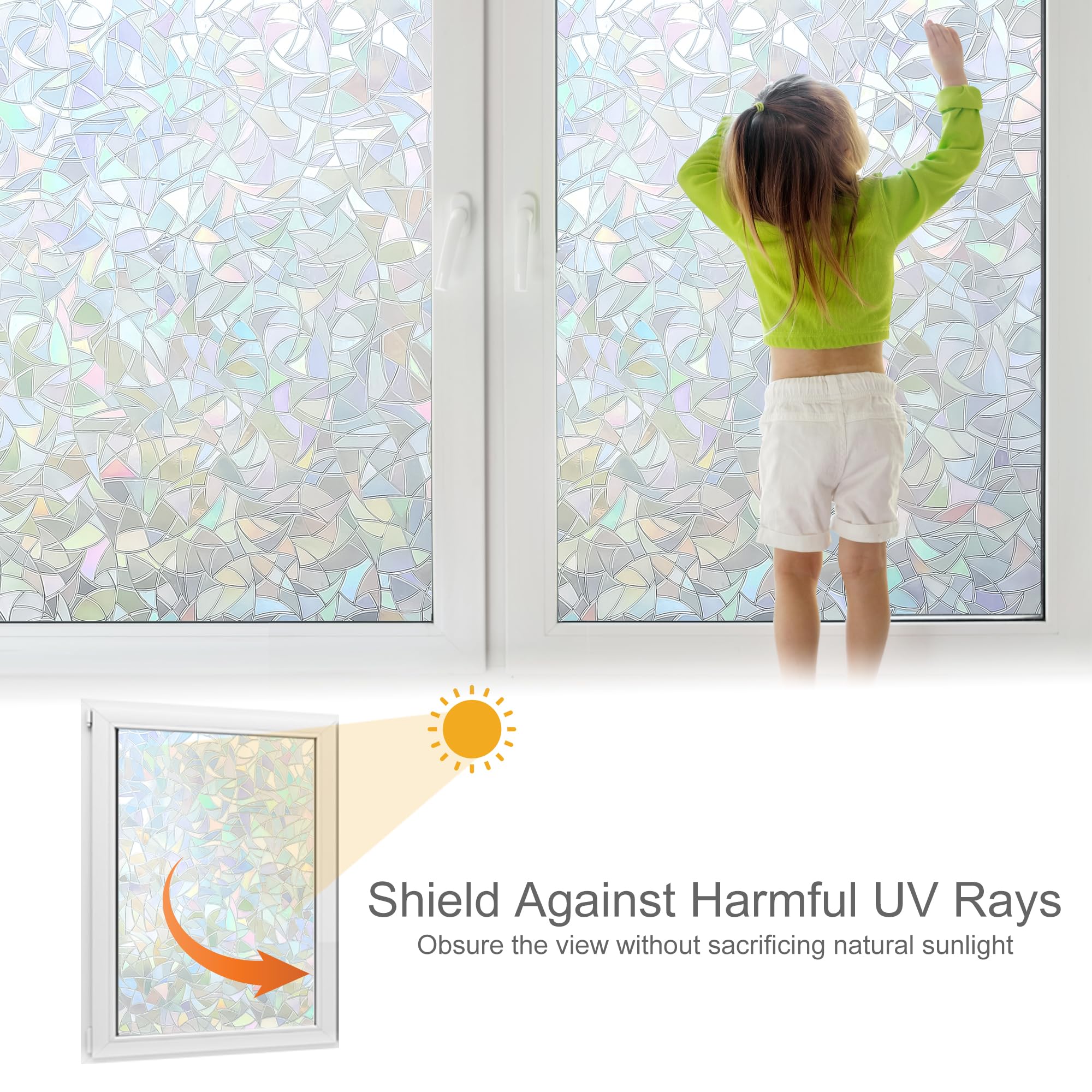 Volcanics Rainbow Window Privacy Film with Installation Tools, Decorative Stained Glass Window Film, Static Cling Heat Control Window Tinting Film Stickers, Grayish Silver, 17.5 x 78.7 inches
