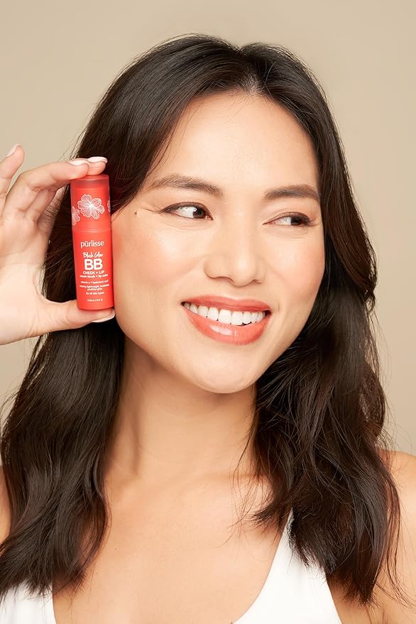 pūrlisse Blush Glow BB Lip and Cheek Tint - Hydrating & Buildable 2-in-1 Cream Blush Stick for Cheeks & Lips - Formulated with Nourishing Vitamin E & Hyaluronic Acid - Peach Please (.28 oz)