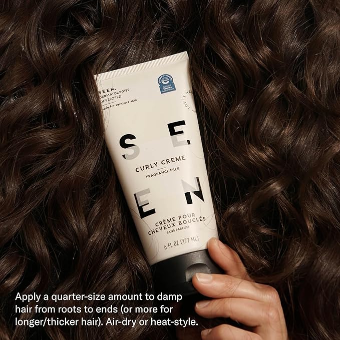 SEEN Curly Creme, Fragrance Free - Non-Comedogenic Curl Defining Styling Hair Cream - Dermatologist-Developed - Anti-Frizz- Heat Protectant - Safe for Sensitive Skin
