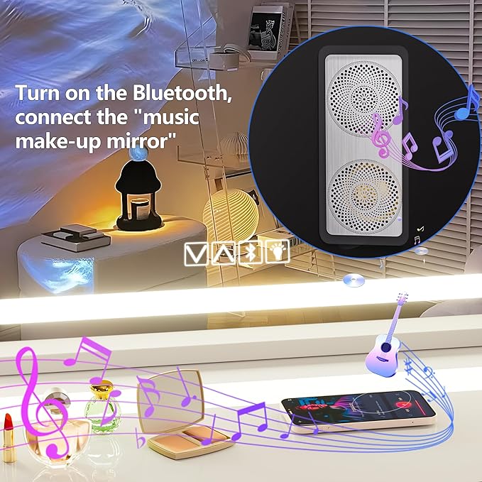 Hasipu Vanity Mirror with Lights and Bluetooth Speaker, 47.2" x 29.5" LED Makeup Mirror, Lighted Makeup Mirror with Dimmable 3 Modes, Touch Screen Control Vanity Mirror Round White