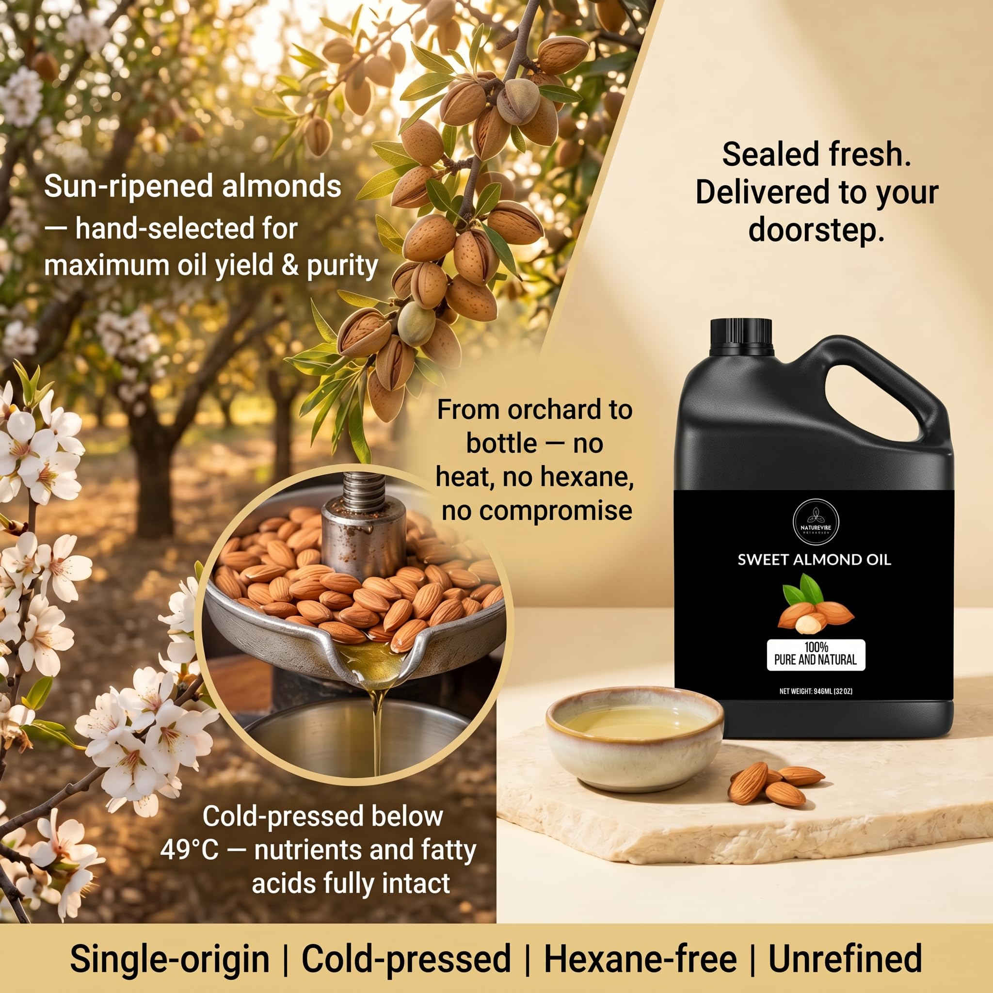 Naturevibe Botanicals Sweet Almond Oil 32 Ounces | 100% Pure and Natural Unrefined Cold Pressed Carrier Oil | Great for Skin Care and Hair Care