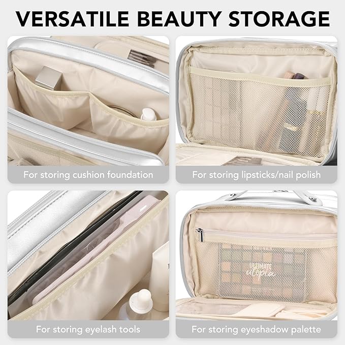 HauteHues Travel Makeup Bag Women's Large Capacity Cosmetic Portable Organizer Large Opening Waterproof Storage Toiletry Bags Vertical Free-Standing Brush Holder for Easy Access Silver