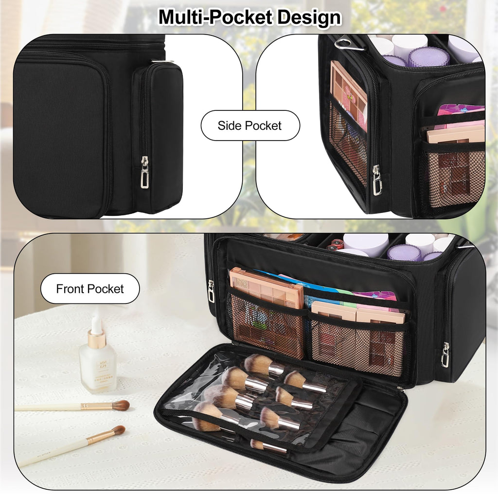 TANTO Large Makeup Organizer Bag, Professional Makeup Artist Bag Portable Travel Makeup Organizer with Detachable Dividers, 2 Pouches & Shoulder Strap, Cosmetic Storage for Beauty Enthusiasts