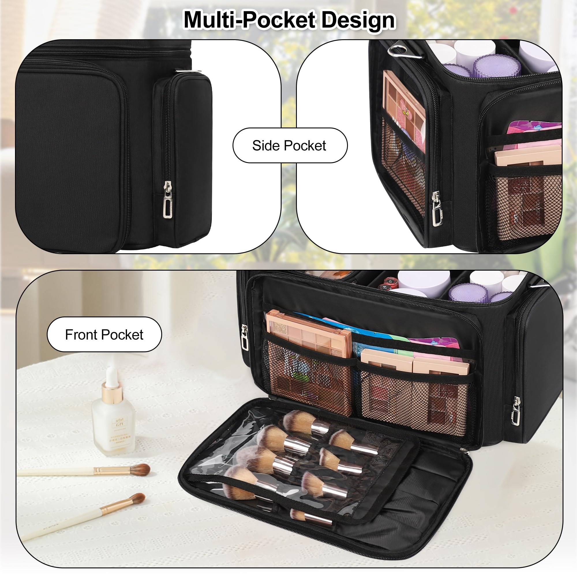 TANTO Large Makeup Organizer Bag, Professional Makeup Artist Bag Portable Travel Makeup Organizer with Detachable Dividers, 2 Pouches & Shoulder Strap, Cosmetic Storage for Beauty Enthusiasts