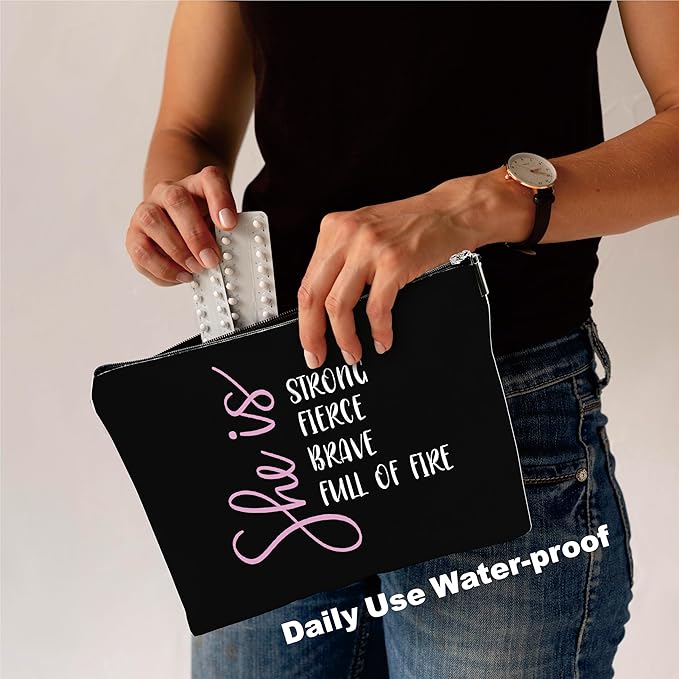 YKYENR Minimalism Makeup Bag - She Is Strong, Fierce, Brave, Full Of Fire - Energy Quotes Cosmetic Bag, Toiletry Bag Gift For Girls, Teen, Personal Care & Accessories(Dark) - A08