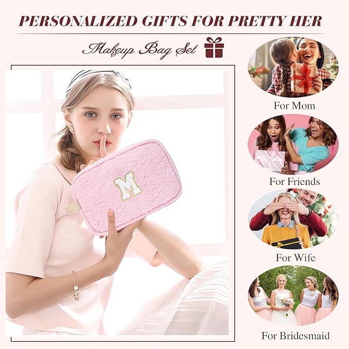 ibeacos 2PCS Makeup Bag with Initials, Valentines Day Gifts for Teen Girls Trendy Stuff, Personalized Cosmetic Travel Bag Pouch for Granddaughter, Cute Plush Make up Bags for Birthday - Pink U