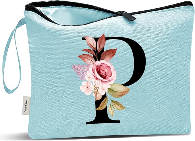Vavabox A-Z Personalized Makeup Bag, Birthday Gifts for Women Mom, Gifts for Best Friend, Bride Bridesmaid Cosmetic bag (P, Aqua)