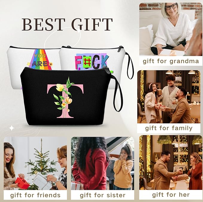 A-Z Bridesmaid gifts for Women, Small Initial Makeup Bag with Mirror, T