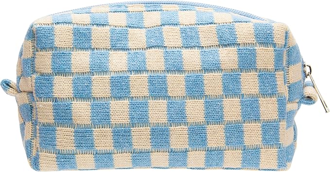 Checkered Makeup Bag for Purse, Small Travel Cosmetic Pouch,Blue Beige