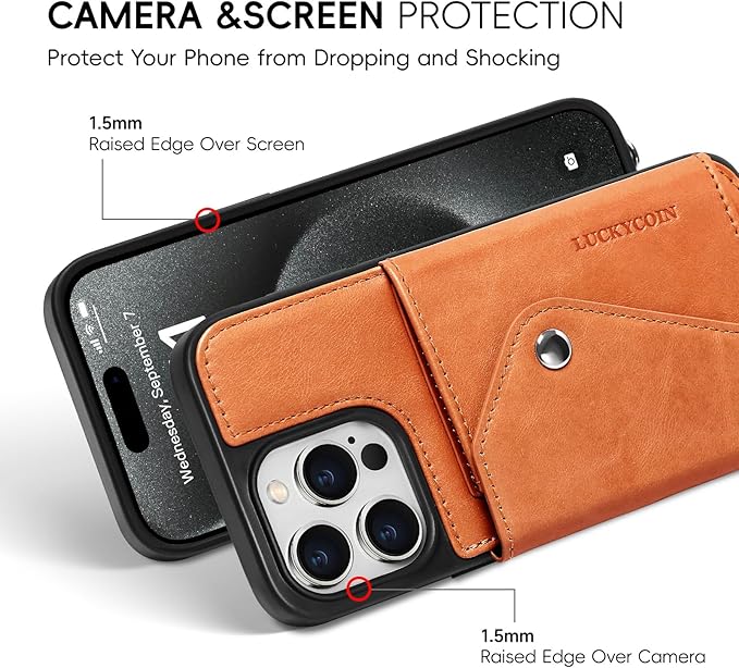 LUCKYCOIN Crossbody Phone Case for iPhone 15 Pro Max, 100% Genuine Leather Phone Wallet Case for Women, Premium Hands-Free Phone Purse with Expandable Flip Card Holder & Adjustable Strap - Retro Brown