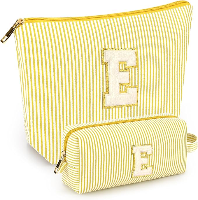 mibasies 2 PCS Initial Makeup Bags for Women: Cosmetic Bag for Travel Toiletry - Personalized Cute Makeup Pouch - Gifts for Grilfriend Wife Moms Bridesmaid - Retirement Travel Gifts - Yellow E
