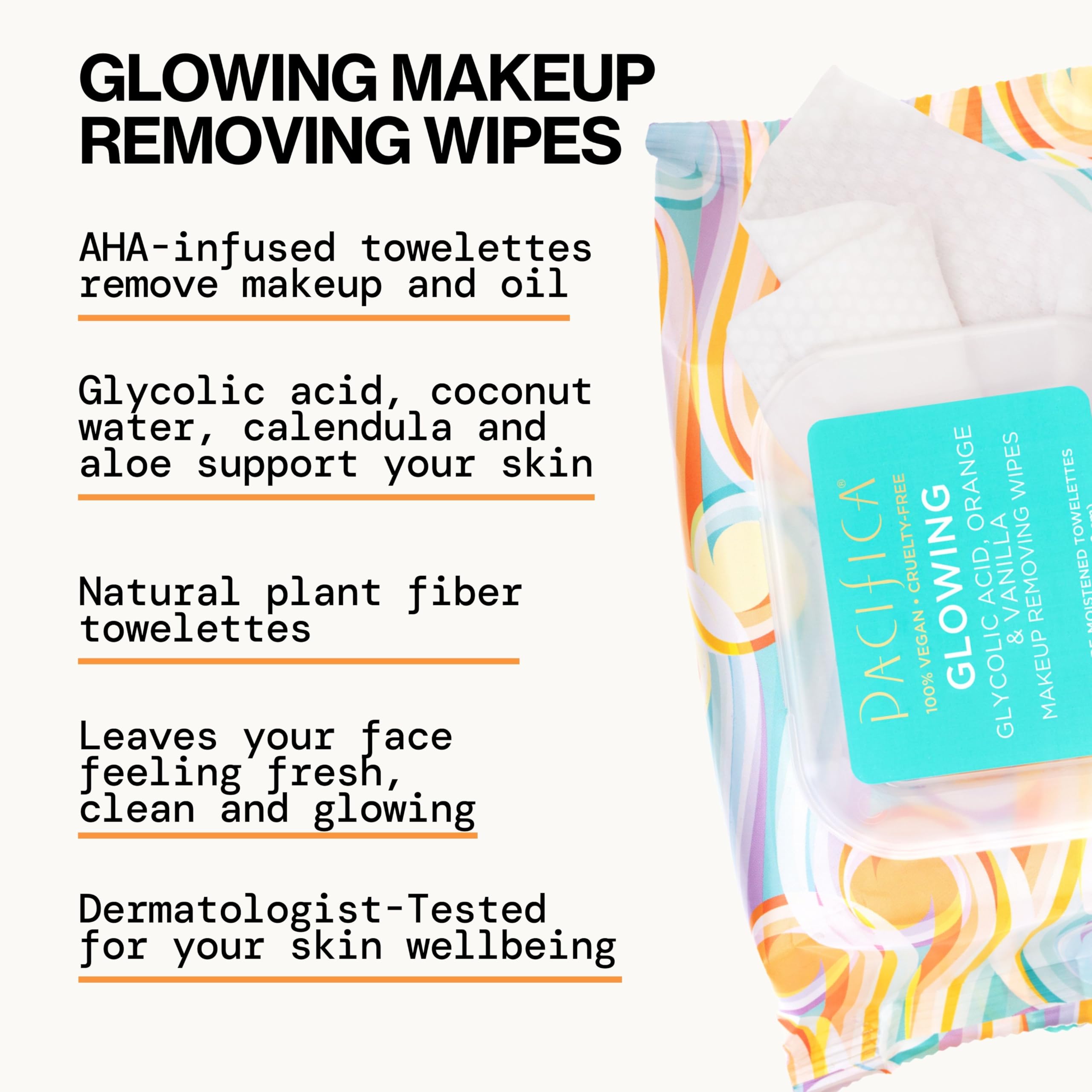 Pacifica Vegan Face Cleansing Wipes, Makeup Remover Wipes w/Glycolic Acid, Aloe Vera & Coconut Water Exfoliating & Hydrating Facial Towelettes for All Skin Types (120 Count) Clean Beauty Cruelty-Free