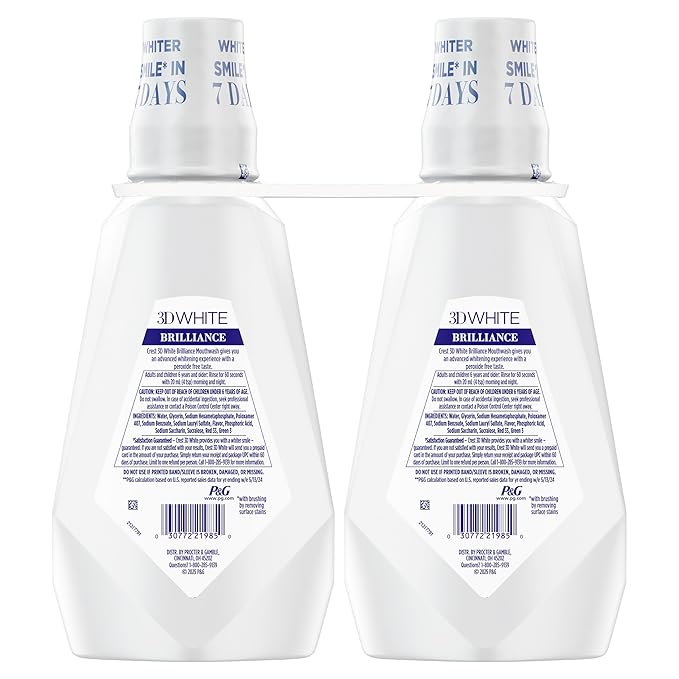 Crest 3D White Mouthwash, Teeth Whitening for Adults, 1L, 2 Pack, Alcohol Free Mouth Rinse, Breath Freshener, Antibacterial, Antiseptic, Bad Breath Treatment, Peroxide Free, Clean Mint