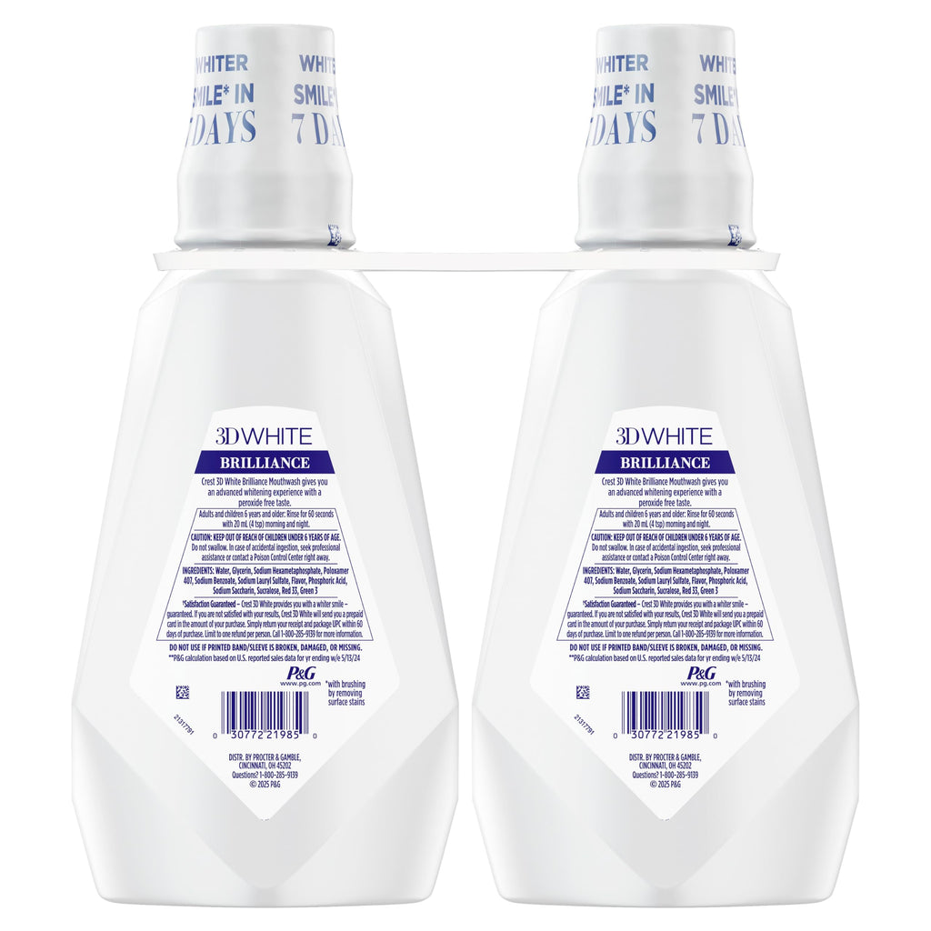 Crest Mouthwash/Mouth Rinse, 3D White Brilliance Whitening, Alcohol Free, Clean Mint, 2x1L (33.8 fl oz)