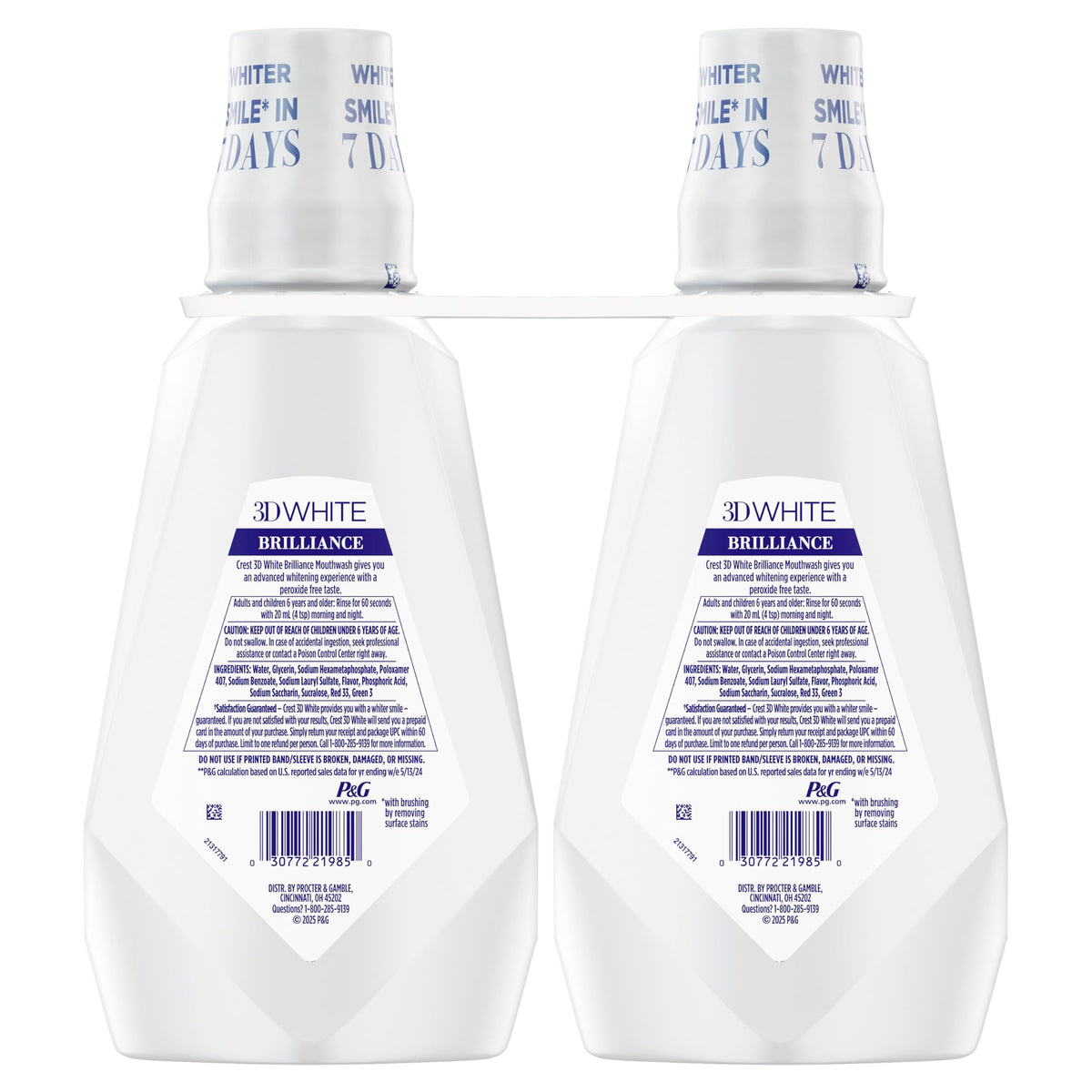 Crest Mouthwash/Mouth Rinse, 3D White Brilliance Whitening, Alcohol Free, Clean Mint, 2x1L (33.8 fl oz)