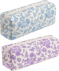 HHQQWZ Cute Floral Cotton Makeup Brush Cosmetic Bag for Women, Travel Quilted Zipper Make Up Bag, Flowers Toiletry Organizer Case Kawaii Makeup Cosmetic Travel Cloth Pouch (Blue+Big Purple Floral)
