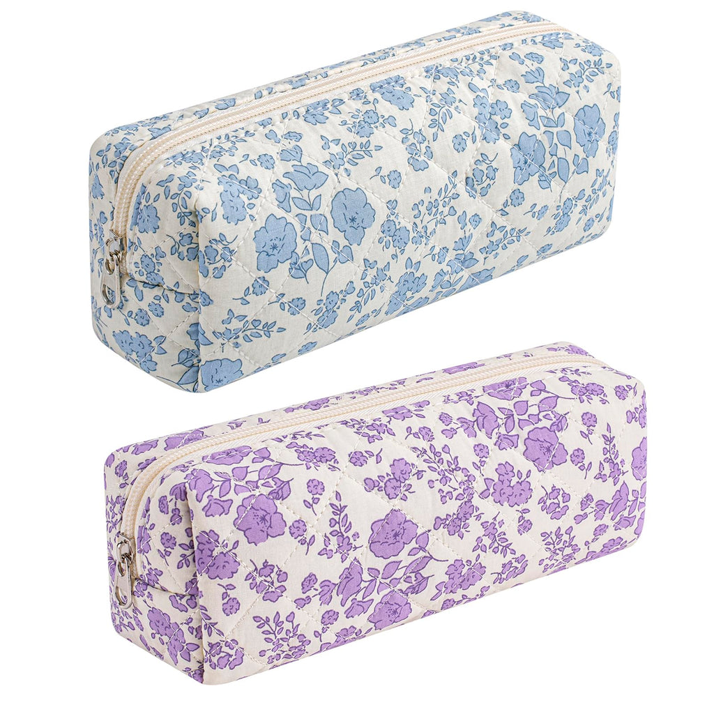 HHQQWZ Cute Floral Cotton Makeup Brush Cosmetic Bag for Women, Travel Quilted Zipper Make Up Bag, Flowers Toiletry Organizer Case Kawaii Makeup Cosmetic Travel Cloth Pouch (Navy Blue Flower)