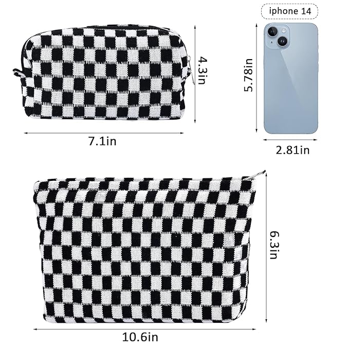ZLFSRQ 2Pcs Checkered Makeup Bag for Women Large Small Travel Toiletry Bag Organizer Aesthetic Black Zipper Cosmetic Bags Cute Makeup Pouch for Purse Pencil Case Pencil Pouch Skincare Storage Bags