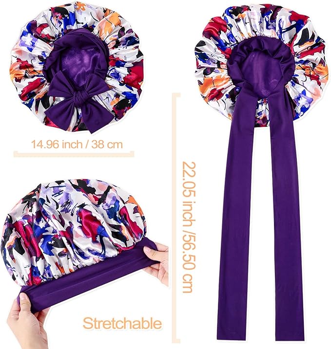 GDTOGRT Satin Silk Bonnet for Sleeping Women, Double Layer Sleep Hair Bonnets Caps for Curly Natural Hair with Tie Band - Purple-Mix