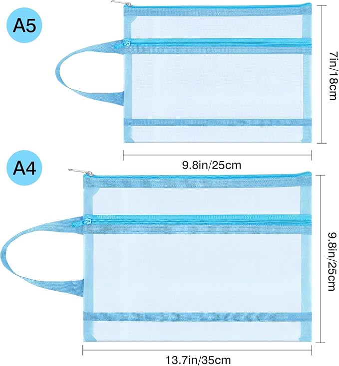 Fassave 6 Pack Mesh Zipper Pouch Bags, Double Layer Nylon Pouch with Handle for Office Travel Organization (Black, A4)