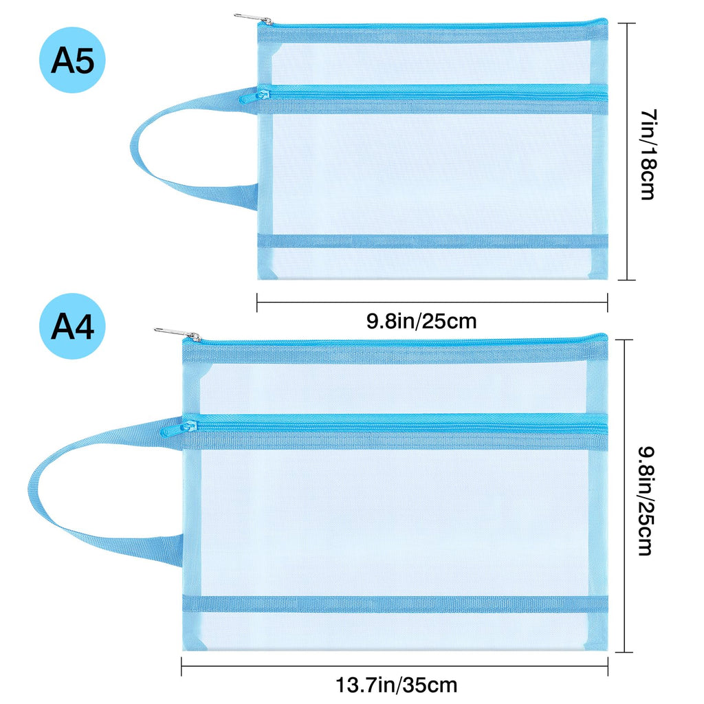 Fassave 6 Pack Mesh Zipper Pouch Bags, Double Layer Nylon Pouch with Handle for Office Travel Organization (Blue, A4)