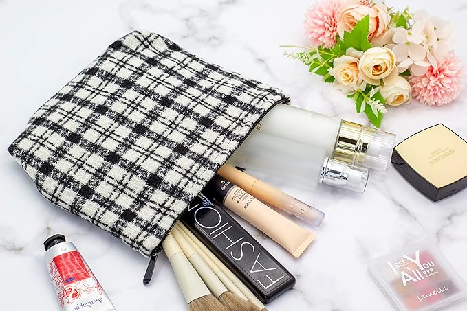 PAZIMIIK Makeup Bags for Purse Zipper Cosmetic Pouch Large Travel Canvas Make Up Organizer Tool Pouch for Women and Girls,Plaid Black