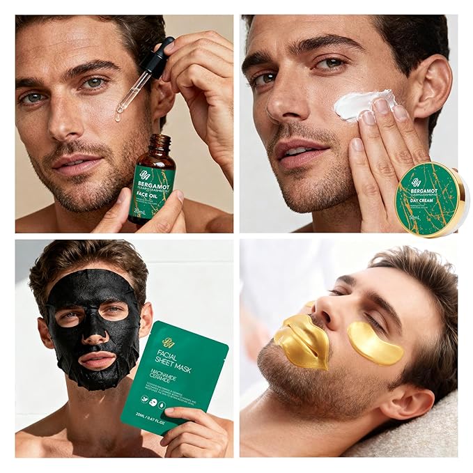 Men Bergamot Facial Skin Care Set, Fathers Day Gift, 21 Pcs Beard Grooming Kit, Bath and Body Gift Basket Set, Cleanser, Beard Oil, Serum, Face Cream, Birthday, Christmas, Husband, Dad, Boyfriend