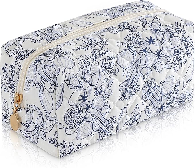 UUYUUY Makeup Bag Travel Toiletry Bag for Women, Small Cosmetic Bags Cute Quilted Cotton Makeup Pouch for Purse Emergency Bag Pencil Case Accessory Bag, Light Cyan