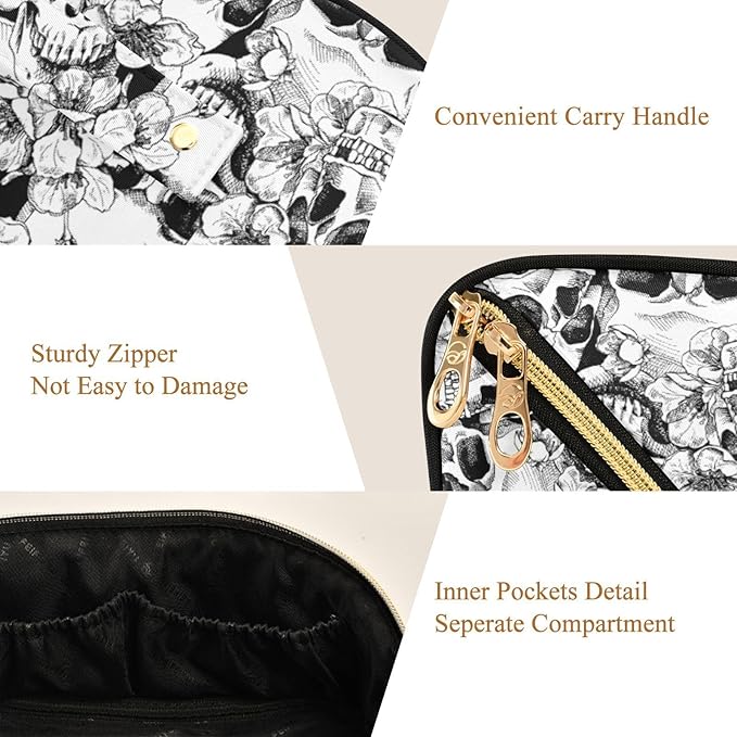 MNSRUU Makeup Organizer Bag, Skull and Flower Travel Makeup Bags Makeup Vanity Case Large Capacity Rhombus Cosmetic Toiletry Bag for Girl Women Ladies