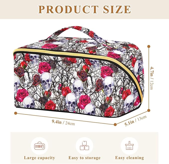 MNSRUU Makeup Organizer Bag, Skulls Rose Flowers Travel Makeup Bags Makeup Vanity Case Large Capacity Rhombus Cosmetic Toiletry Bag for Girl Women Ladies
