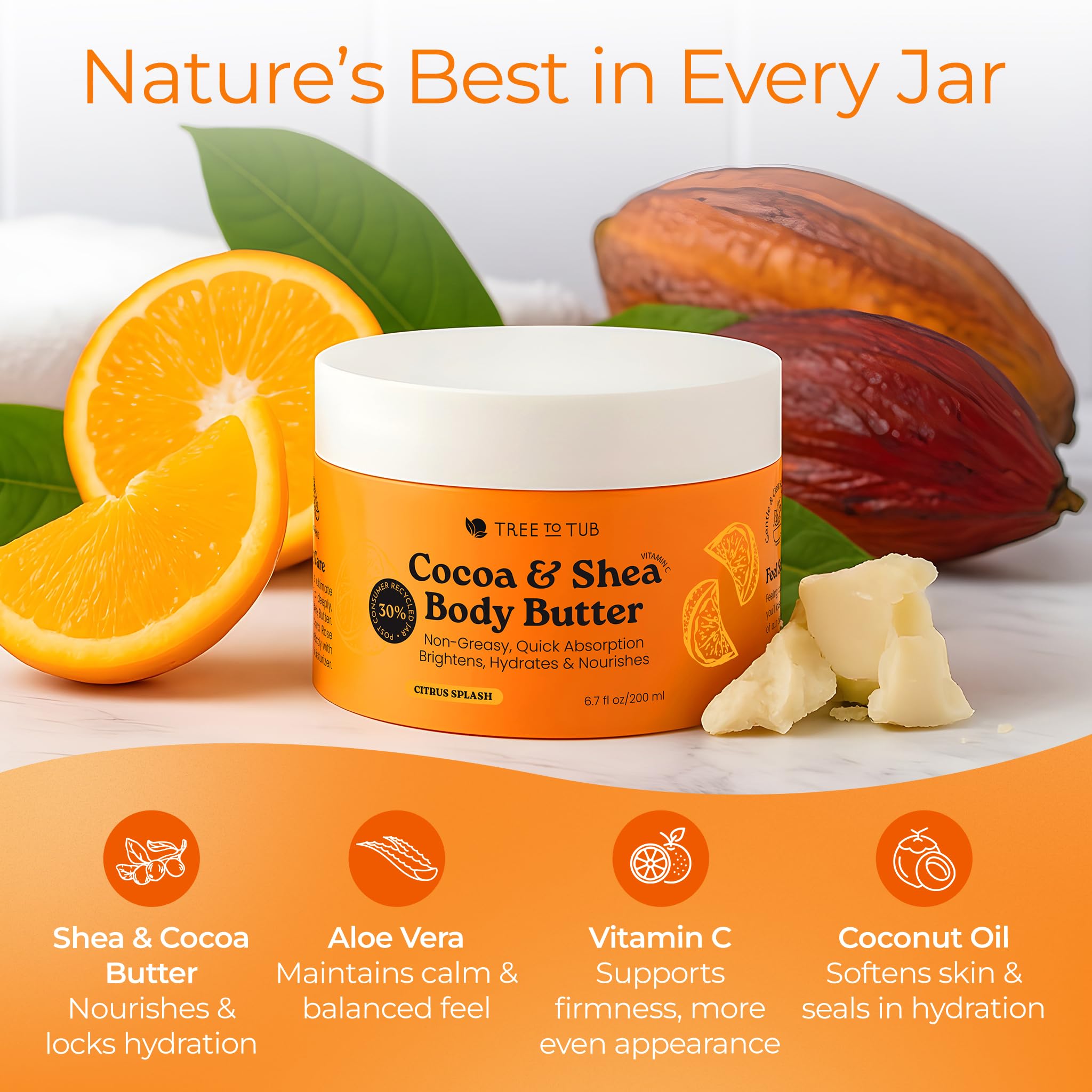 Tree To Tub Shea Body Butter for Dry, Extremely Dry, Sensitive Skin - Moisturizing Body Cream for Women & Men, Hydrating Body Lotion Moisturizer w/Vitamin C, Organic Cocoa, Citrus Scent
