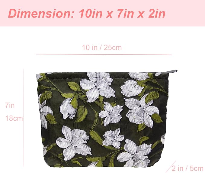 Flat Makeup Bag for Women,Zipper Cosmetic Pouch Purse,Brocade Floral Black
