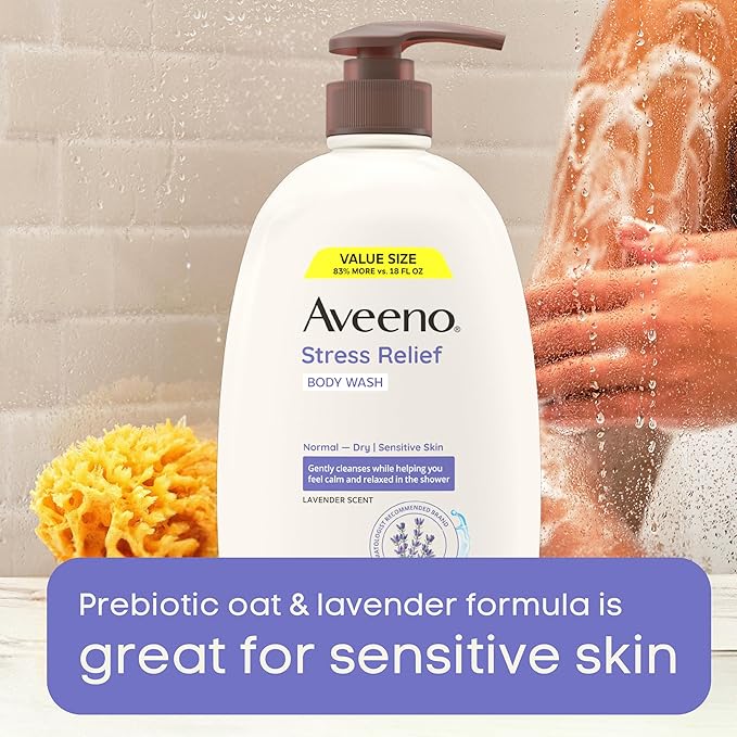 Aveeno Stress Relief Body Wash, Lavender Scent with Nourishing Prebiotic Oat, Sensitive Skin Body Wash for Normal to Dry Skin, Paraben-, Dye-, and Soap-Free, Value Size 33 Fl Oz