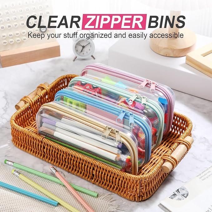 Hoolerry 4 Pcs Hard Clear Zipper Case Makeup Bags Plastic Zipper Pouch Transparent Storage Box Containers for Cosmetics, Snacks, Building Blocks, Puzzles(Clear,7.5 x 3.9 x 2 in,Soft Colors)